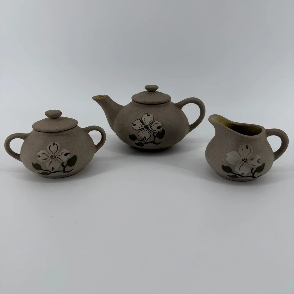 Pigeon River Pottery Creamer Sugar Teapot Set Dogwood Flower Handmade‎ 3pc VTG